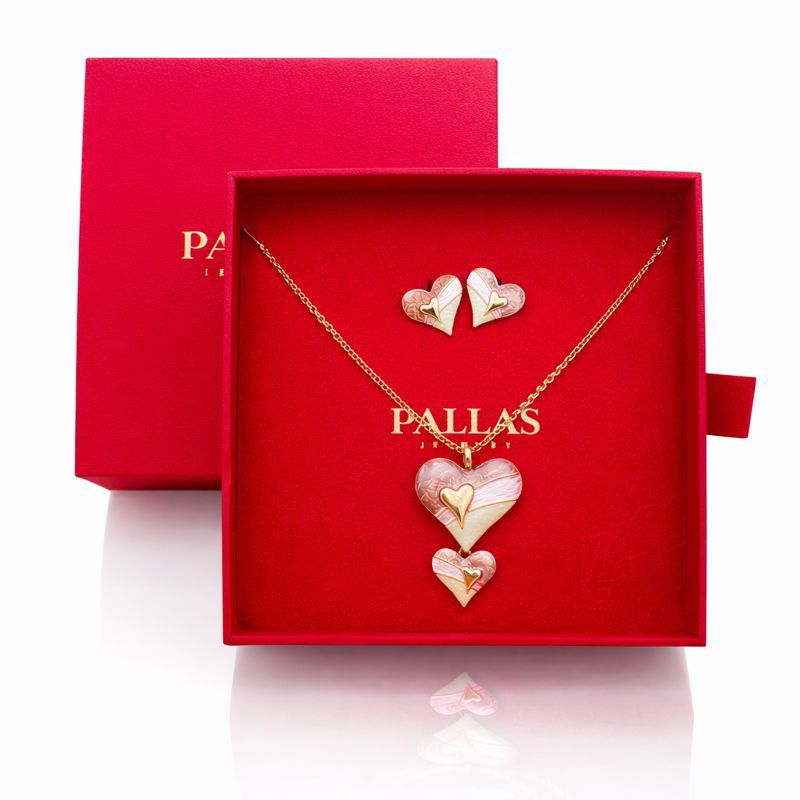 Hand painted enamel heart jewelry set gift for her