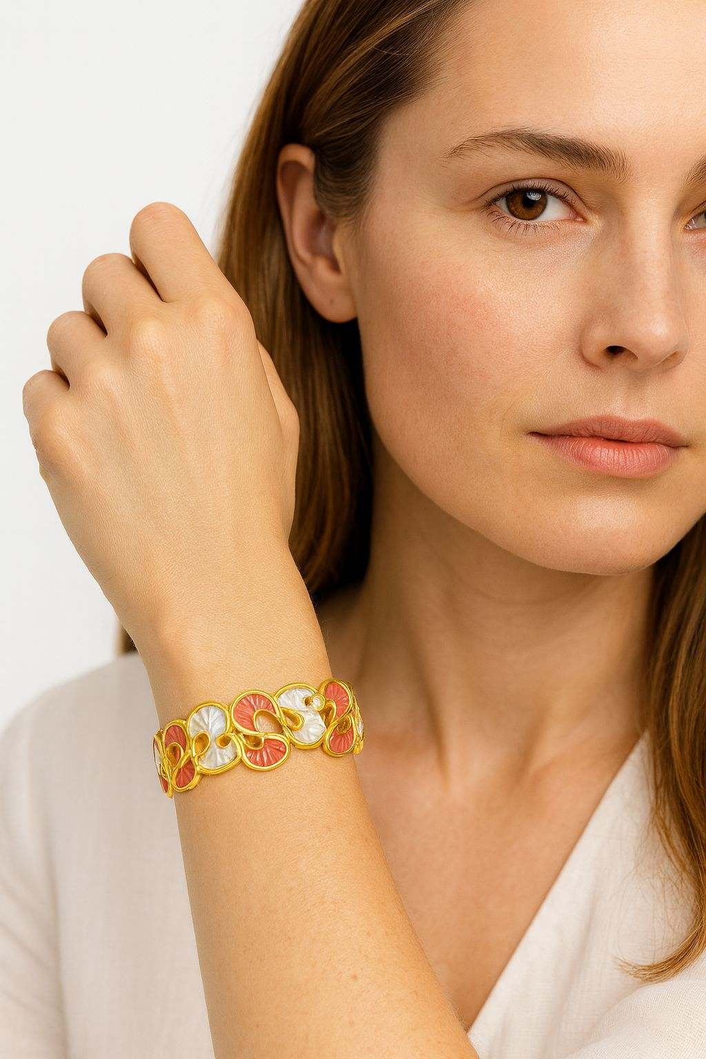 KC gold enamel bangle showing thin-layer hand-painted details