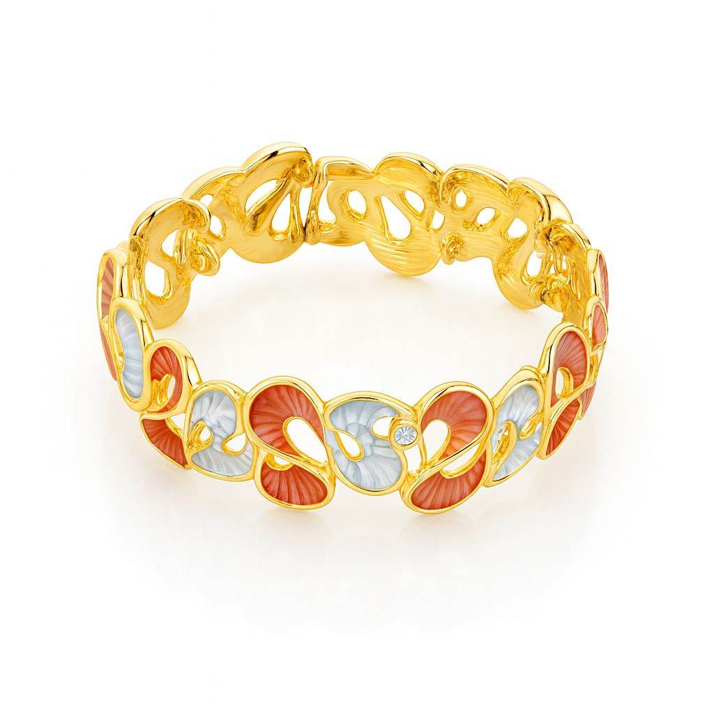 Gold plated enamel art bracelet with sculptural color-blend design