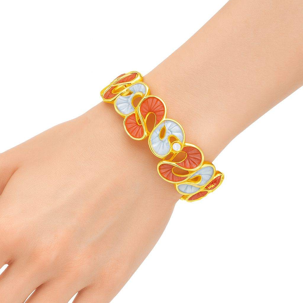 Model wearing enamel gold bracelet with modern artistic pattern