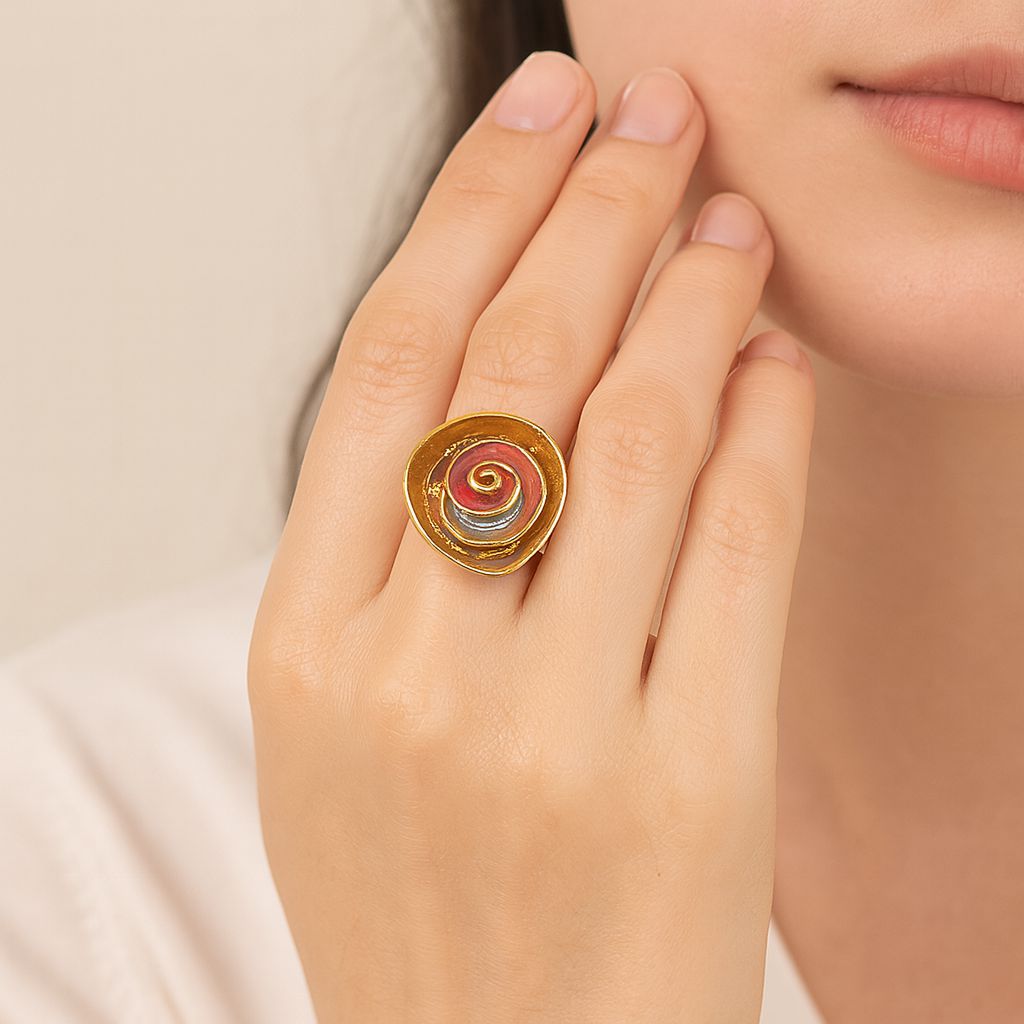 Artistic enamel ring with KC gold plating and layered color design