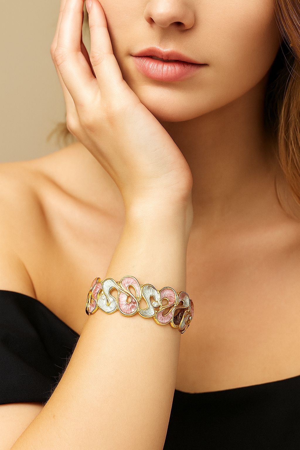 "Artistic pastel enamel gold bracelet in 45-degree angle product photo