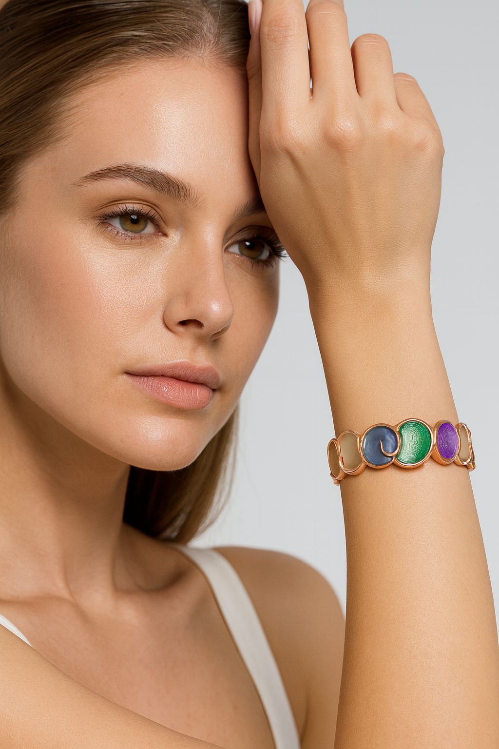 Model wearing KC-gold hand-painted enamel bracelet – lifestyle view