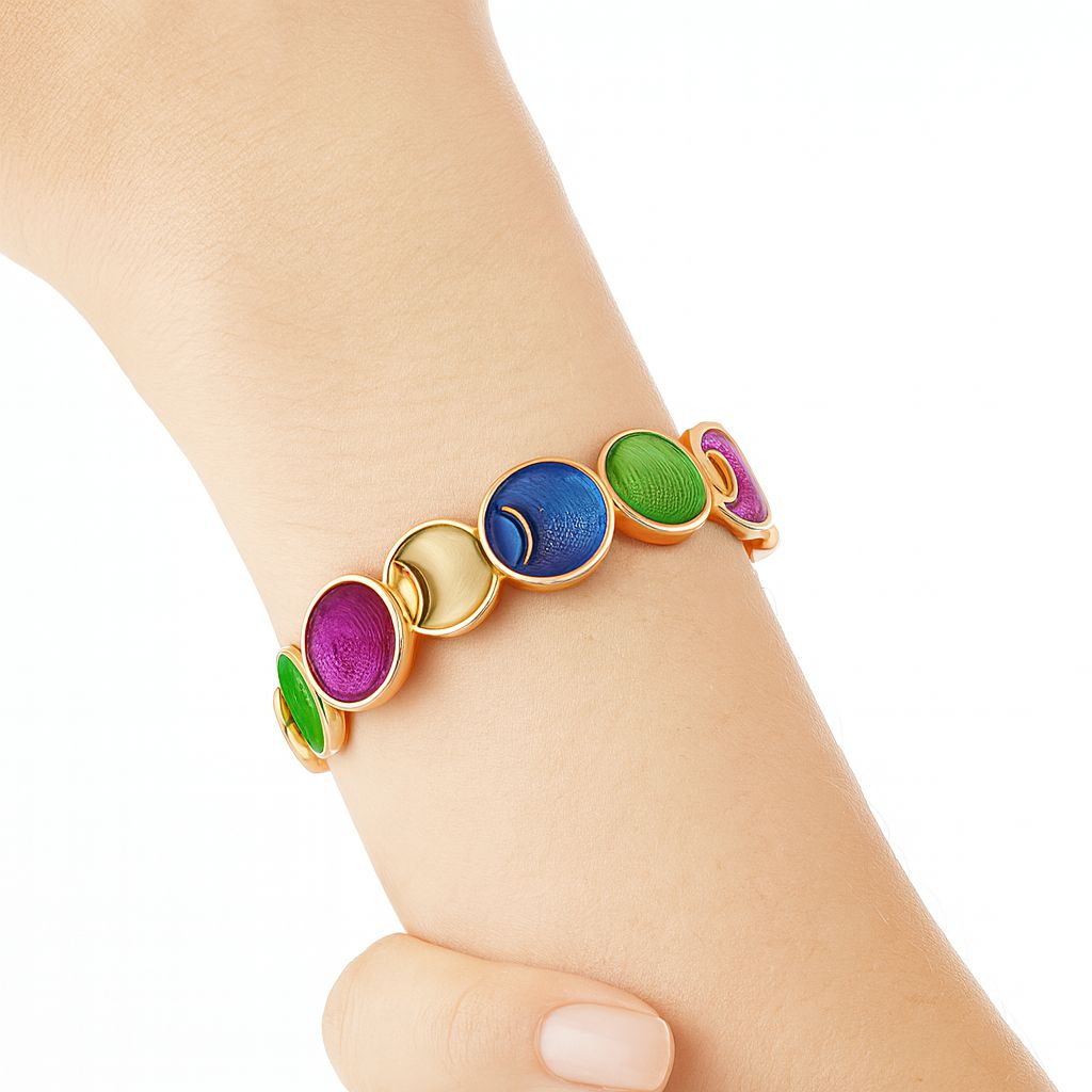 Elegant multicolor enamel bangle on wrist – fashion styling