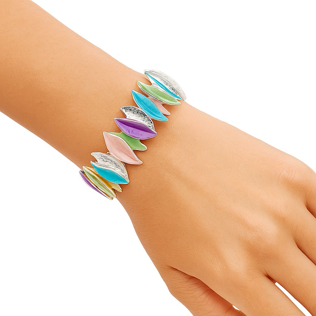Modern leaf enamel bangle worn on wrist