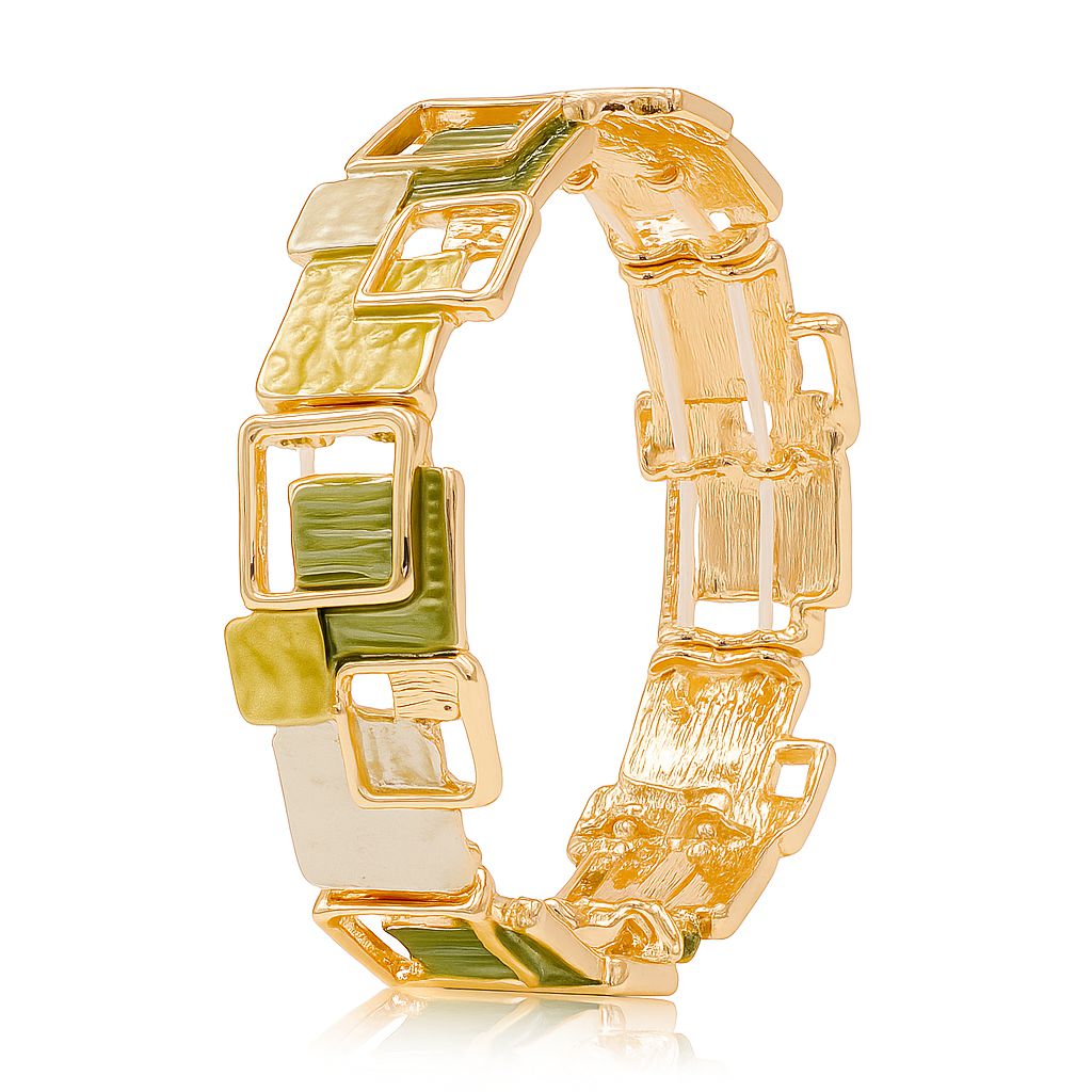 Front view of geometric KC gold bracelet with hand-painted enamel accents