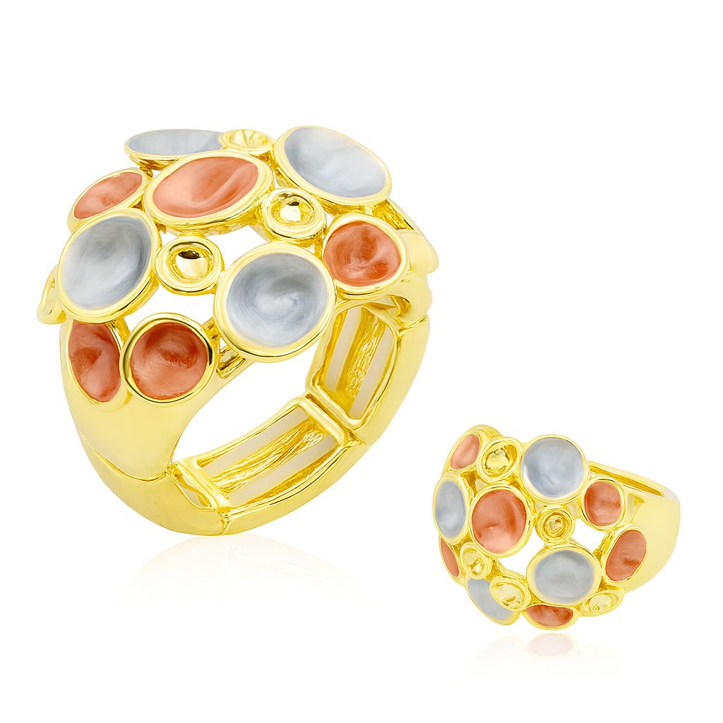 “KC gold plated dome ring with peach and silver enamel details”