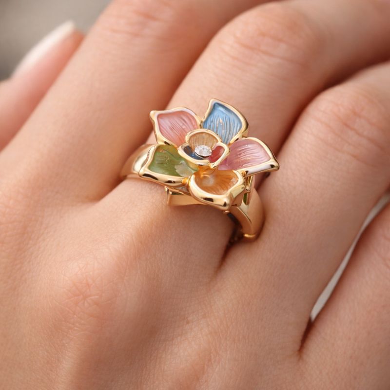 Close-up detail of KC gold plated ring with hand-painted enamel surface