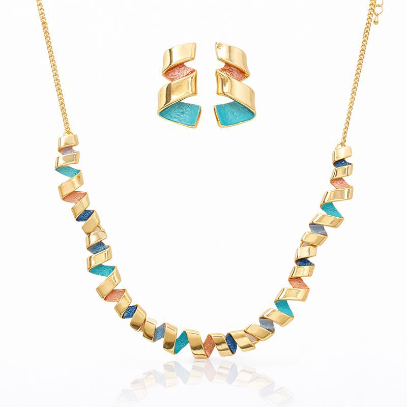 KC gold plated geometric enamel necklace and earrings set with hand painted details