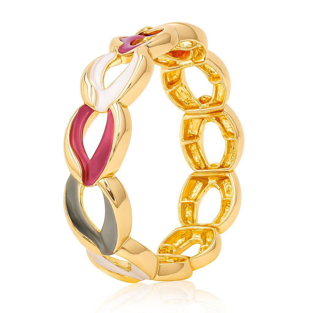 KC gold enamel link bracelet with red and white hand-painted details