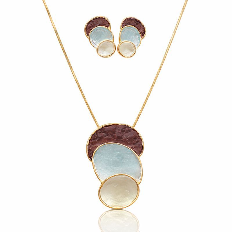 KC gold plated enamel necklace and earrings jewelry set on white background