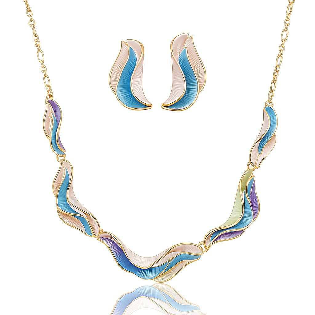 KC gold plated enamel necklace and earrings set with hand painted wave design on white backgroun