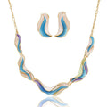 KC gold plated enamel necklace and earrings set with hand painted wave design on white backgroun