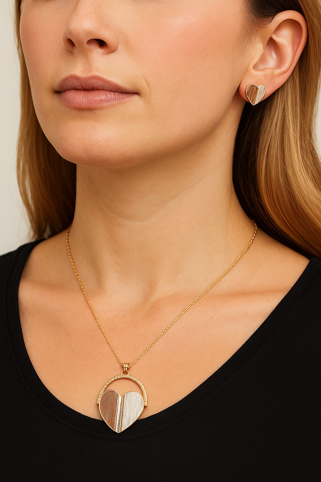 Gold plated enamel stud earrings worn by model close-up