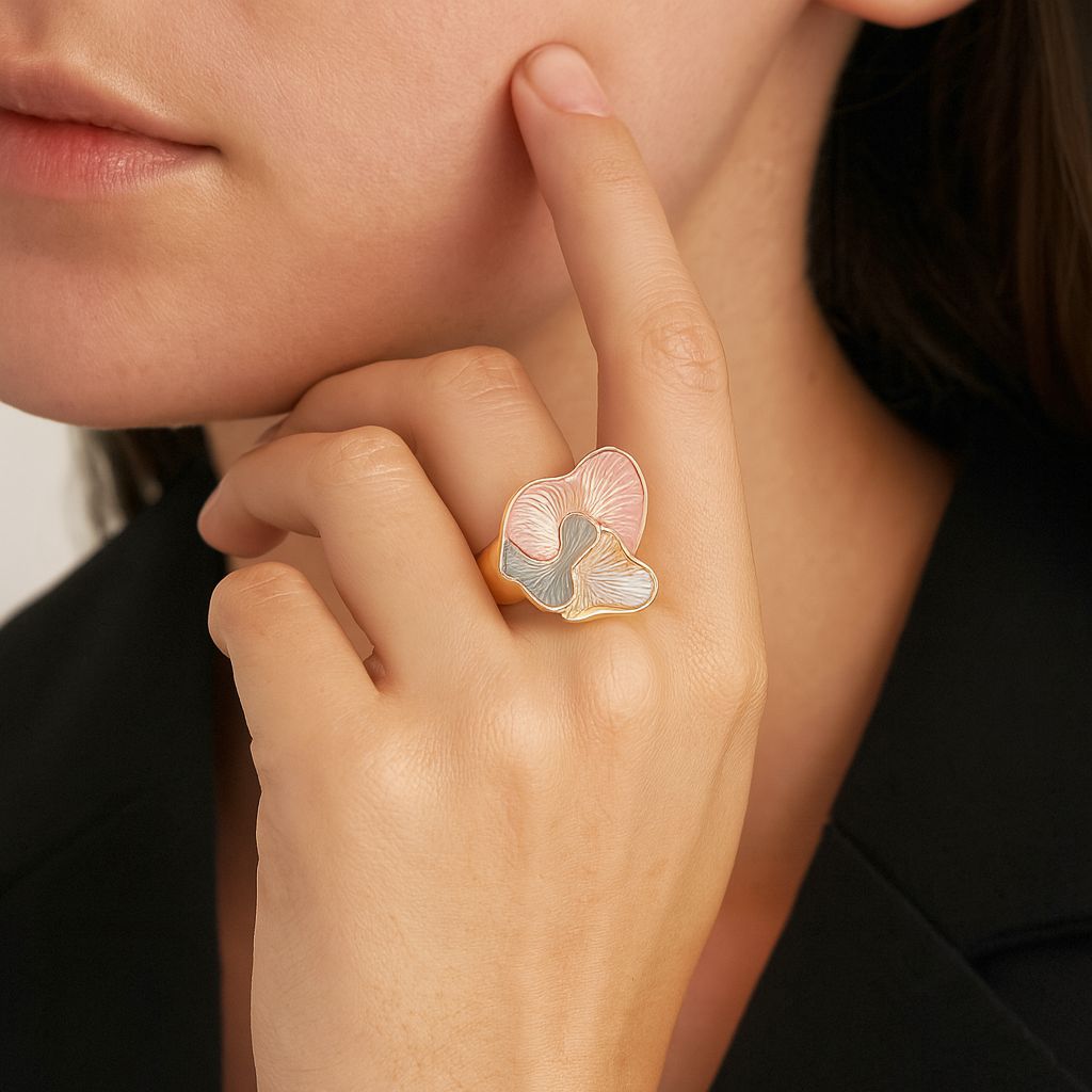 Artistic KC gold plated enamel ring worn on hand