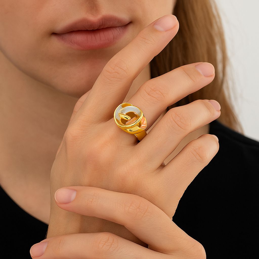 Artistic swirl statement ring with KC gold plating and hand-painted enamel