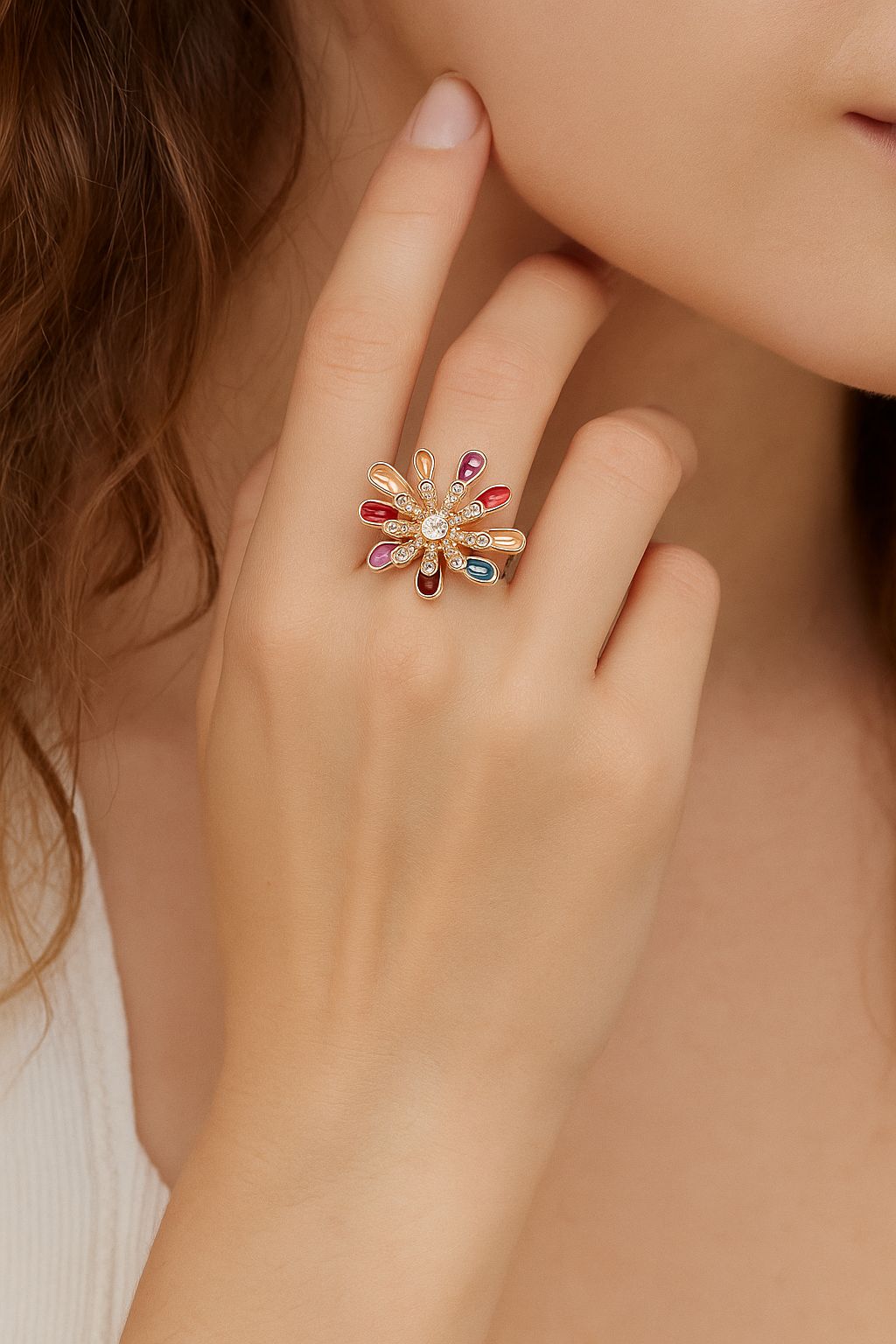 Front view of KC gold enamel floral ring for women