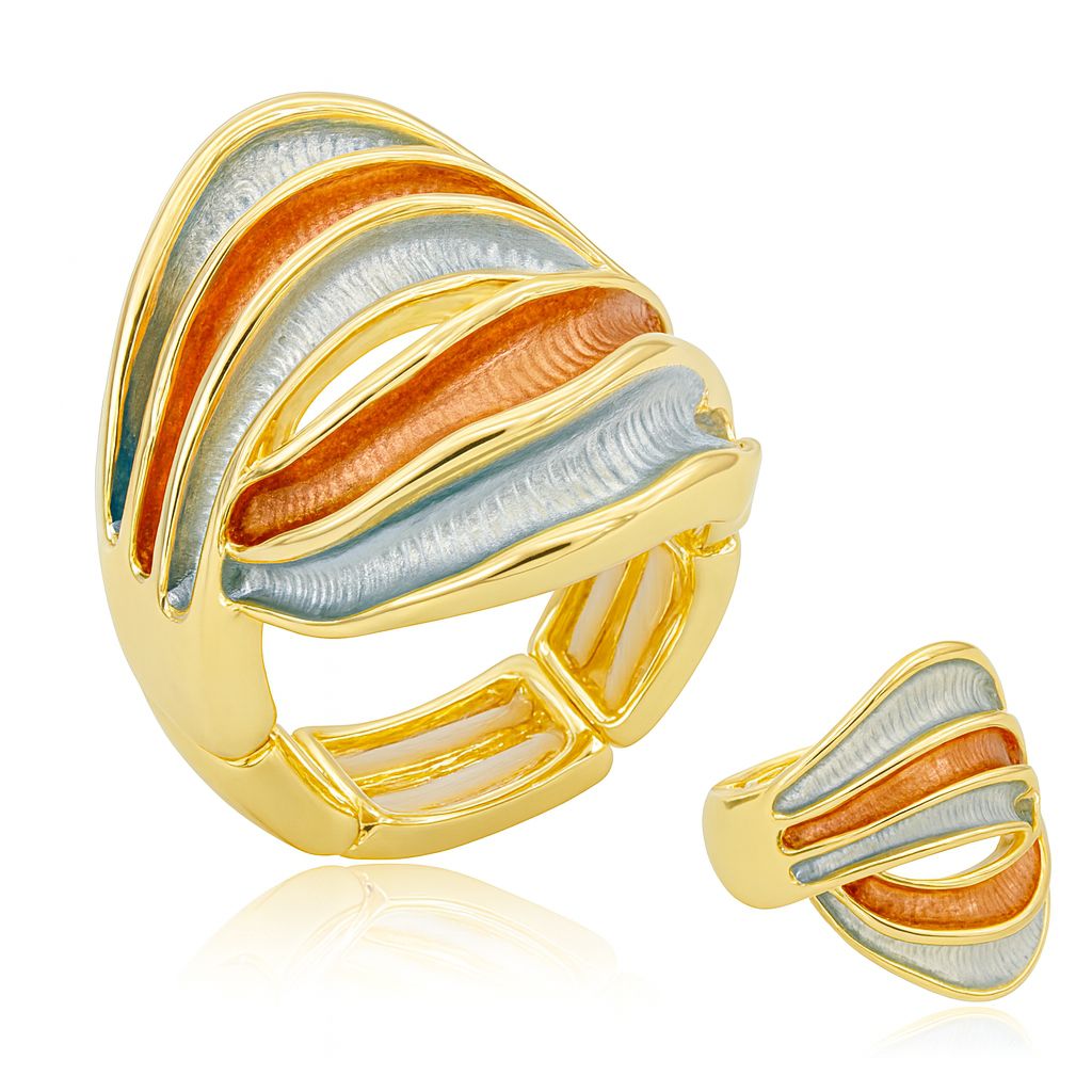 KC gold plated hand-painted enamel statement ring on model’s hand