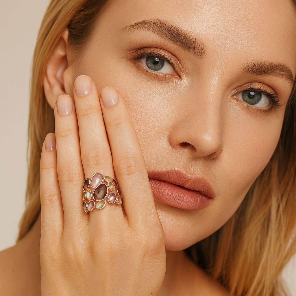 Artistic KC gold enamel cocktail ring worn on hand