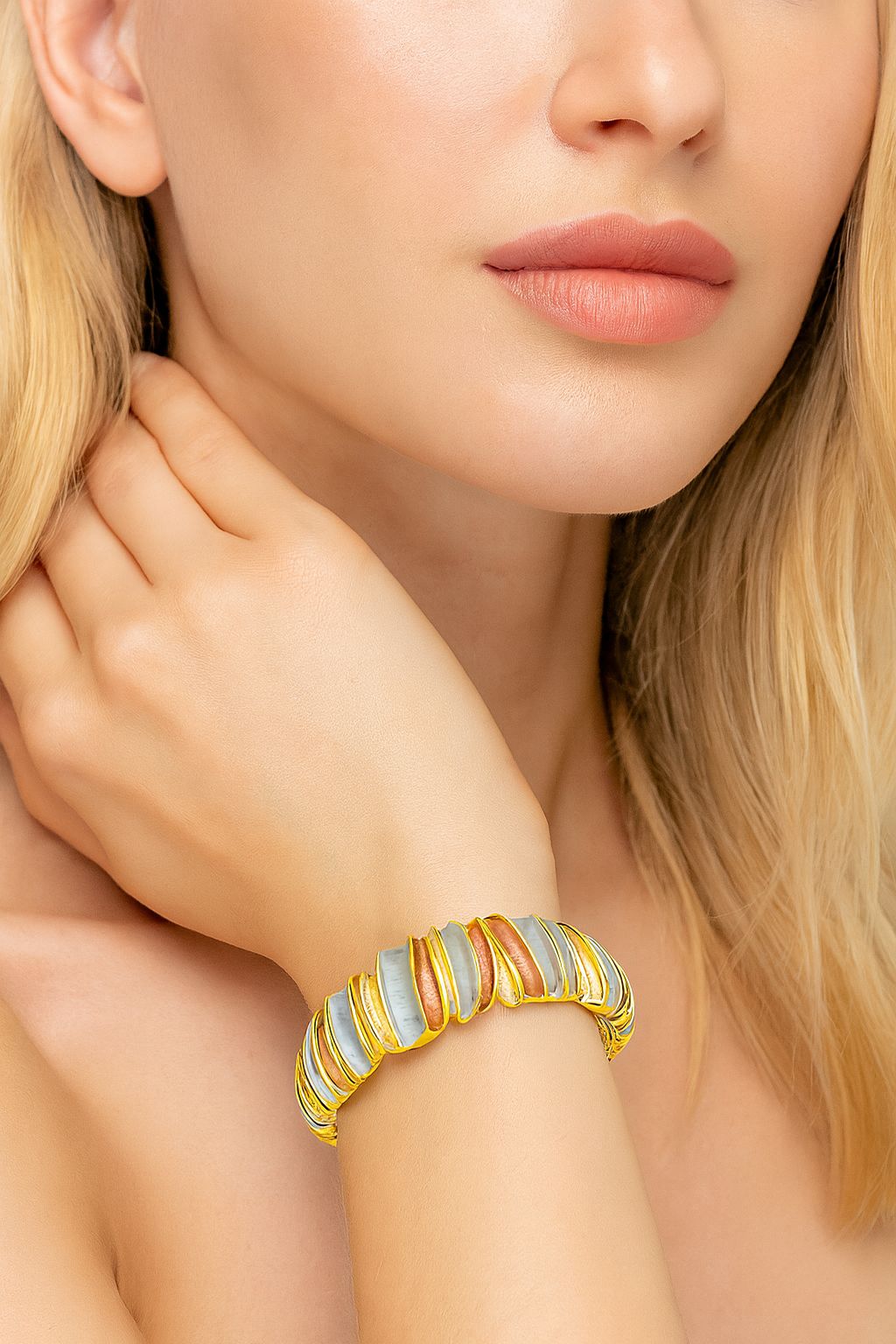 Model wearing KC gold enamel bracelet for women