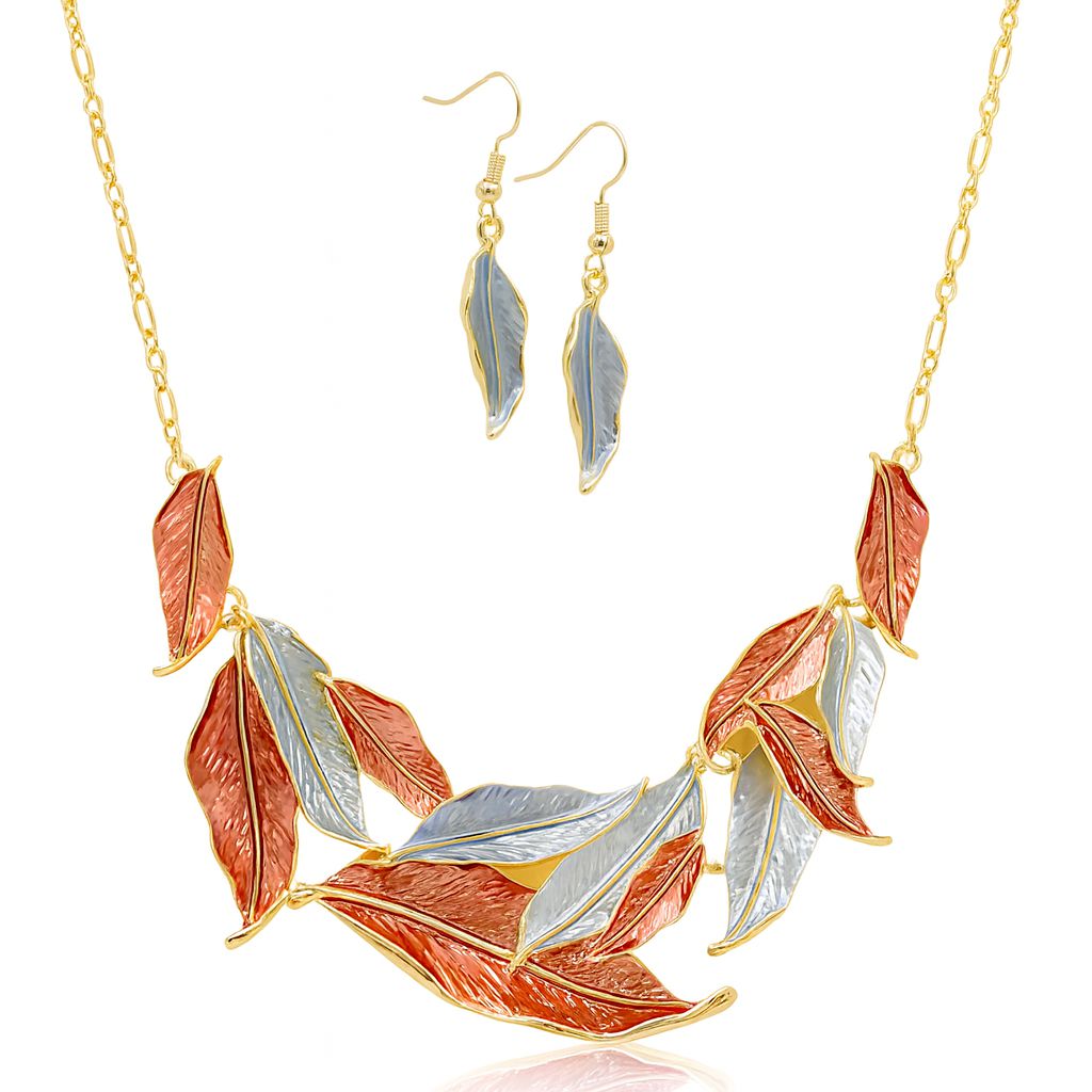 KC gold plated feather necklace and earrings set with hand-painted details