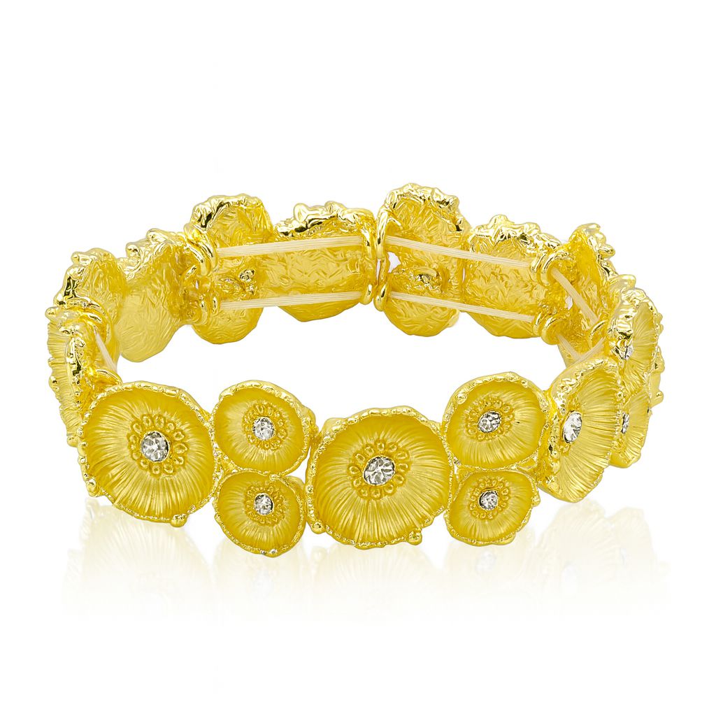 Hand-painted gold flower bracelet with crystals and KC gold plating floral bangle