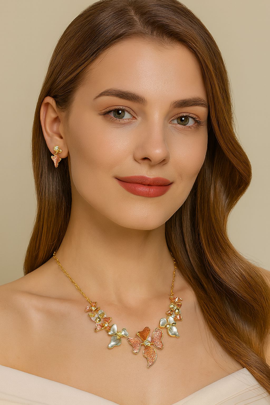 Floral enamel jewelry set with gold plated alloy