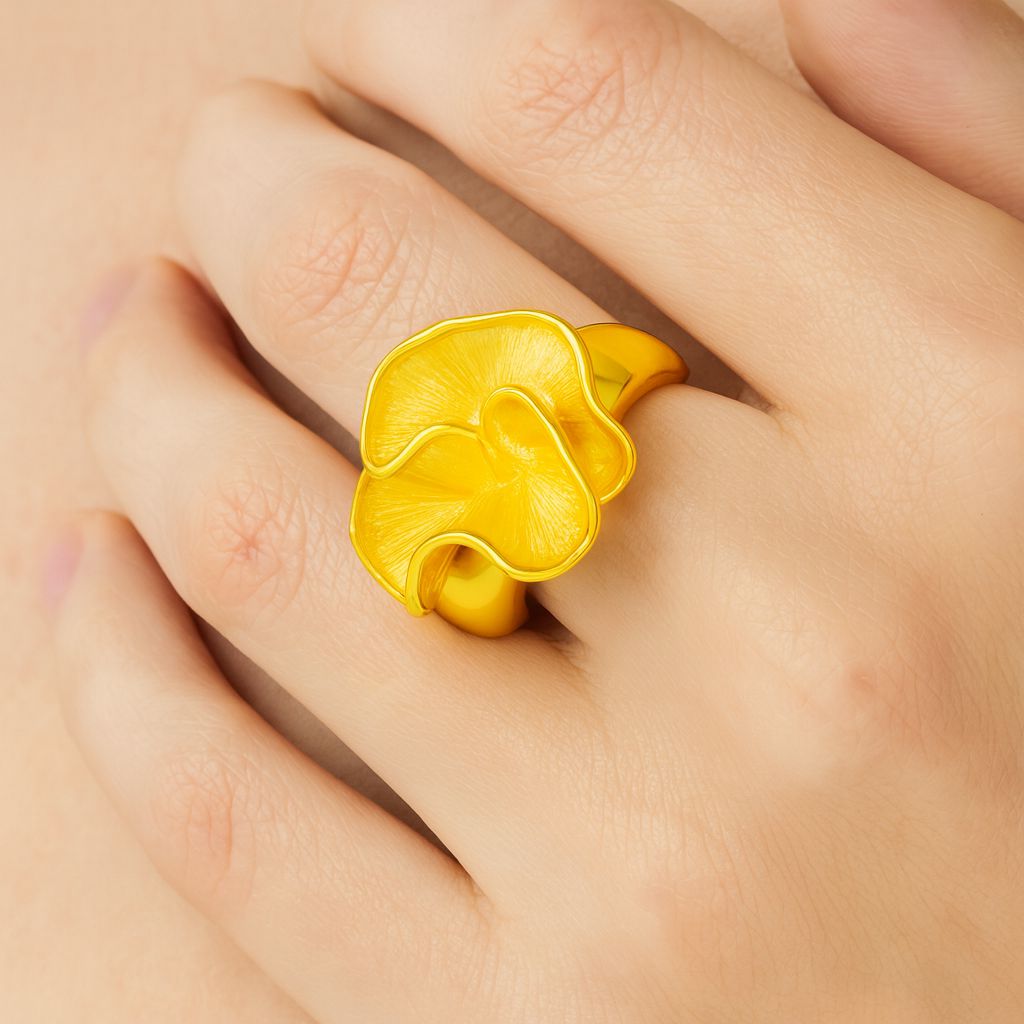 Hand-Painted KC Gold Flower Bloom Ring – Adjustable Alloy Statement Ring for Women