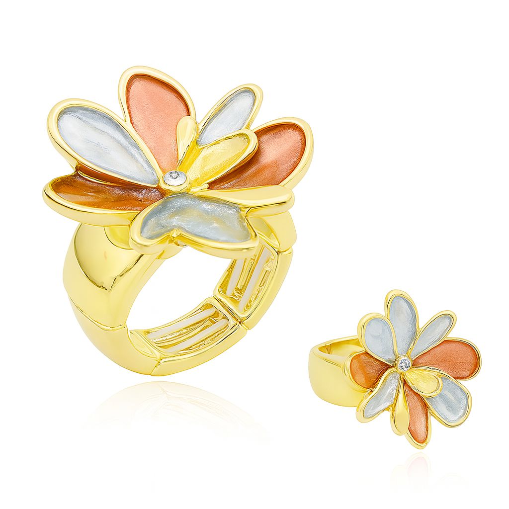 KC gold hand-painted flower ring front view with enamel petals