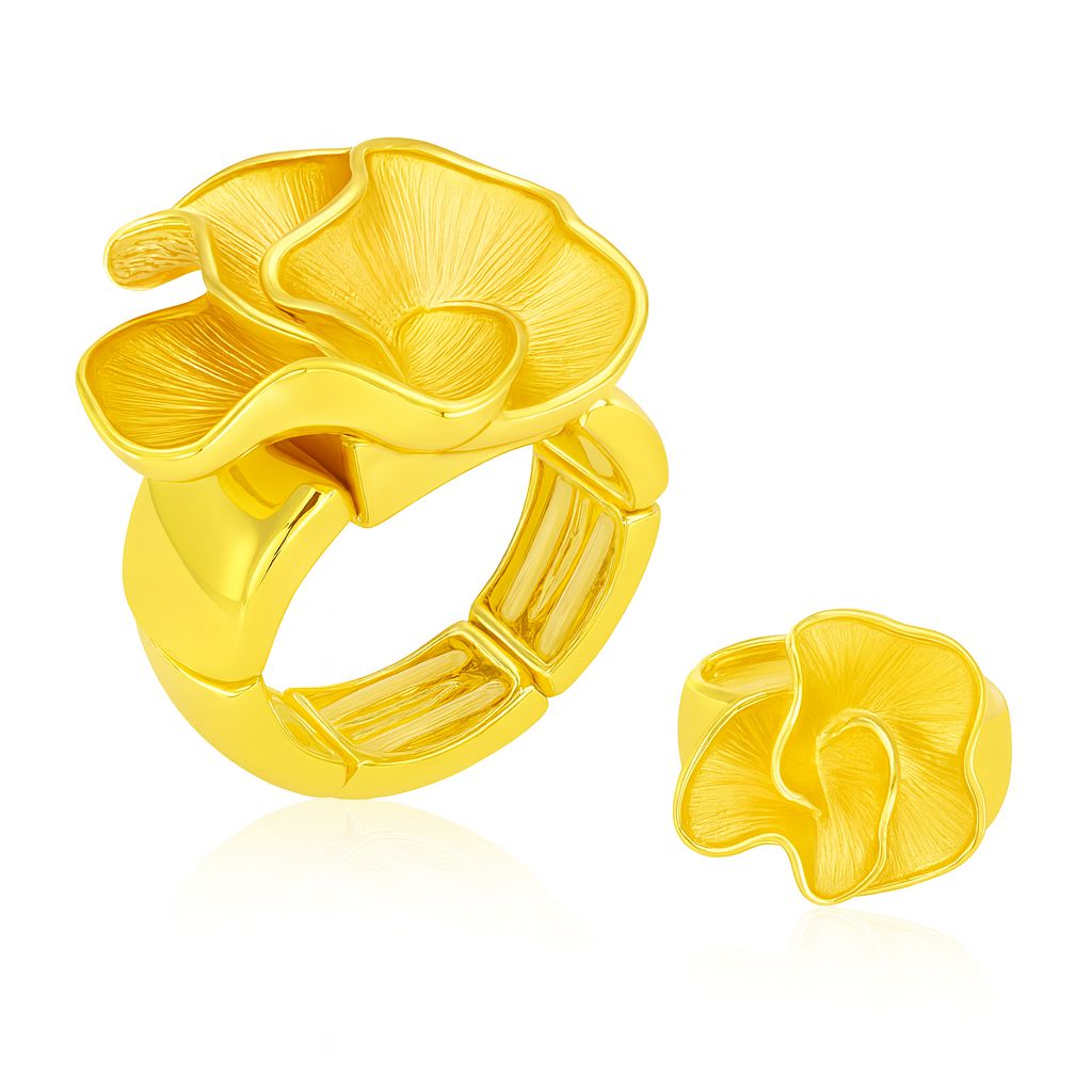 Hand-Painted KC Gold Flower Bloom Ring – Adjustable Alloy Statement Ring for Women
