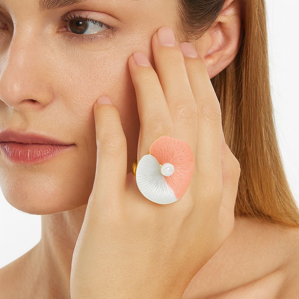 Women wearing adjustable enamel flower statement ring