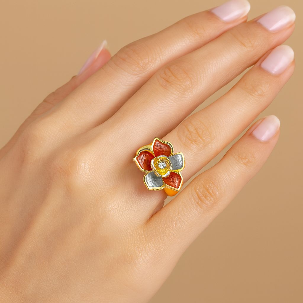 Close-up view of hand-painted petal statement ring
