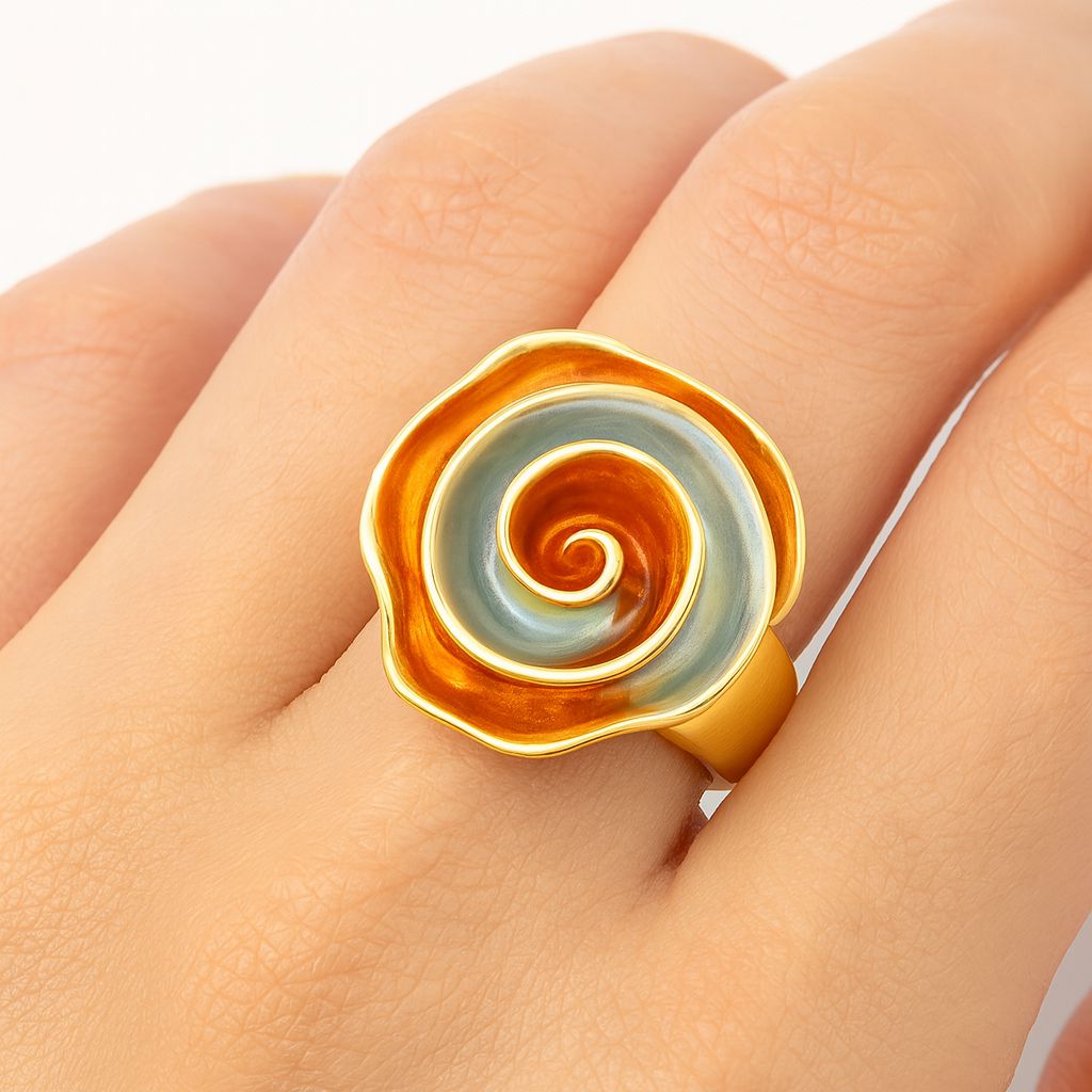 Spiral Rose Statement Ring – KC Gold Plated Artistic Swirl Design | Hand-Painted Enamel Flower Ring