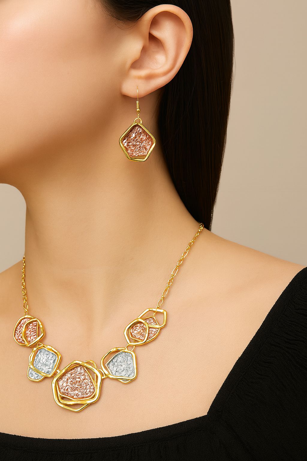 Hand-painted KC gold jewelry set in coral and silver tones