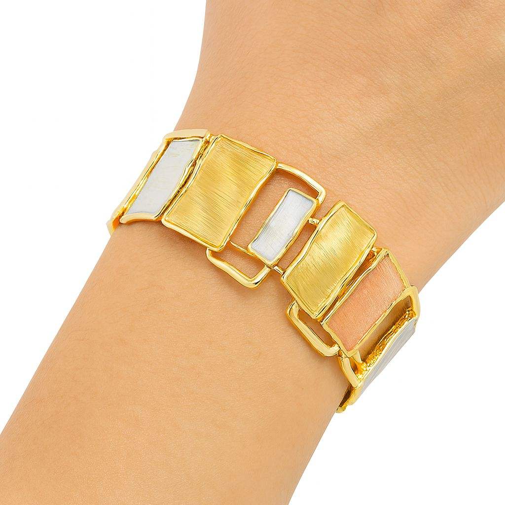 Gold-plated rectangle bracelet with multicolor hand-painted charms on wrist