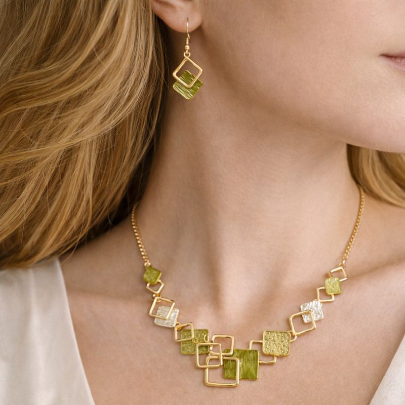 KC gold plated geometric necklace with hand painted green enamel