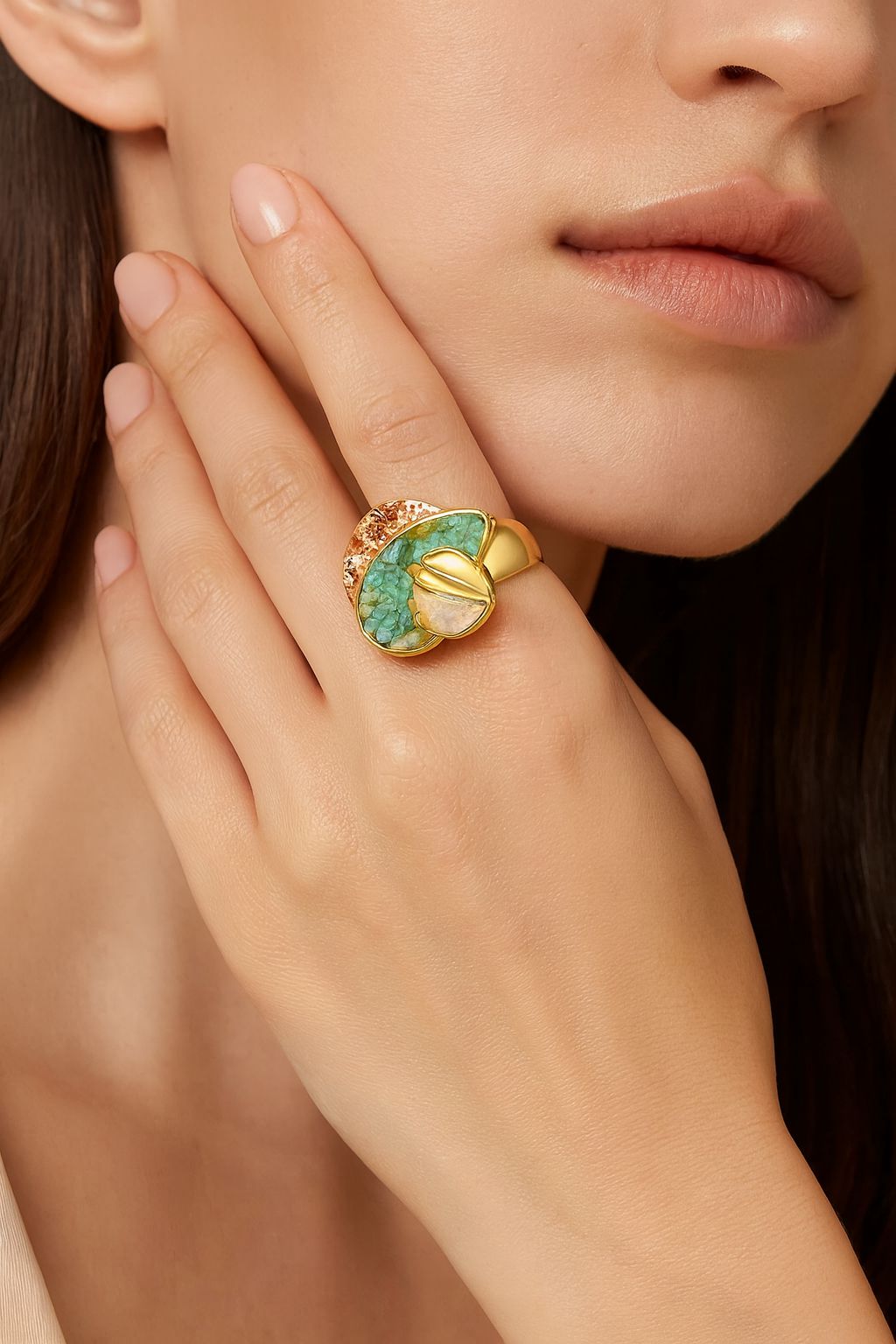 KC gold adjustable ring with green stone texture and enamel detailing