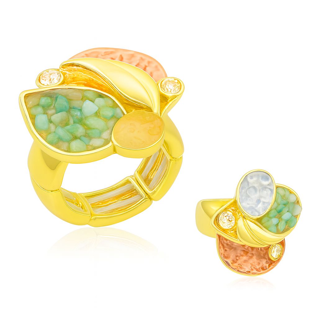 Hand-painted green enamel KC gold plated statement ring front view