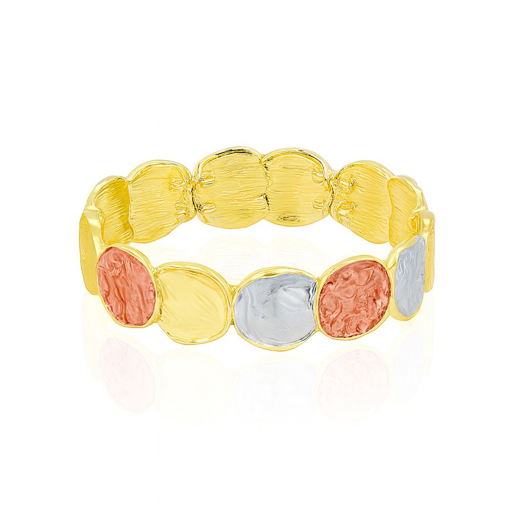 Gold plated textured bracelet with mixed gold, silver, and coral hand-painted oval plates and stretch band
