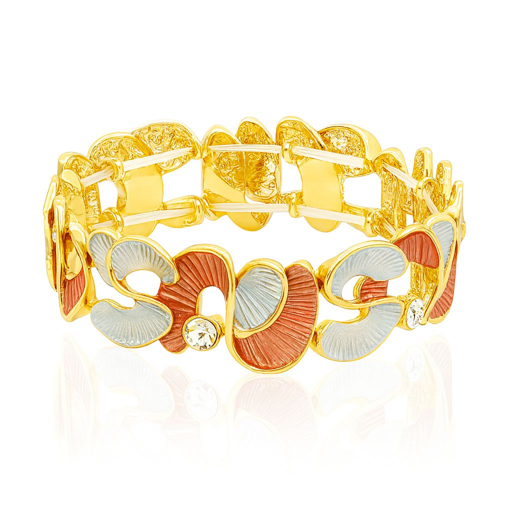Artistic gold alloy bracelet with coral and grey enamel accents