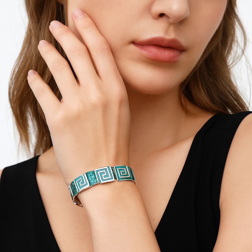 Geometric turquoise bangle with artistic enamel design