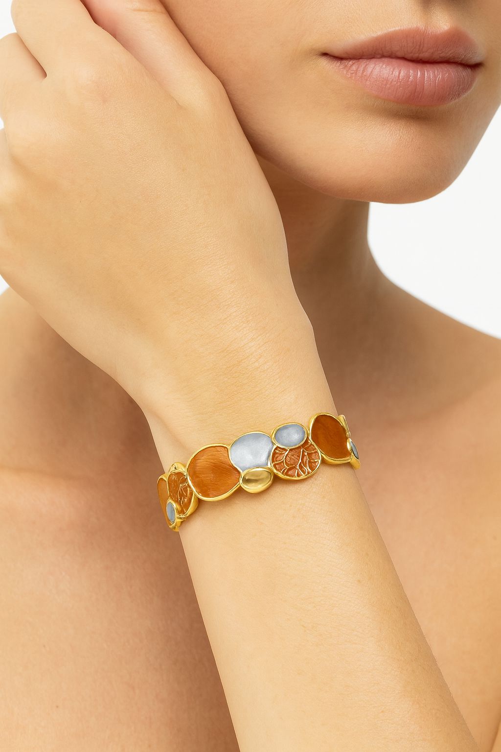 KC gold abstract round bracelet with terracotta and silver-gray enamel