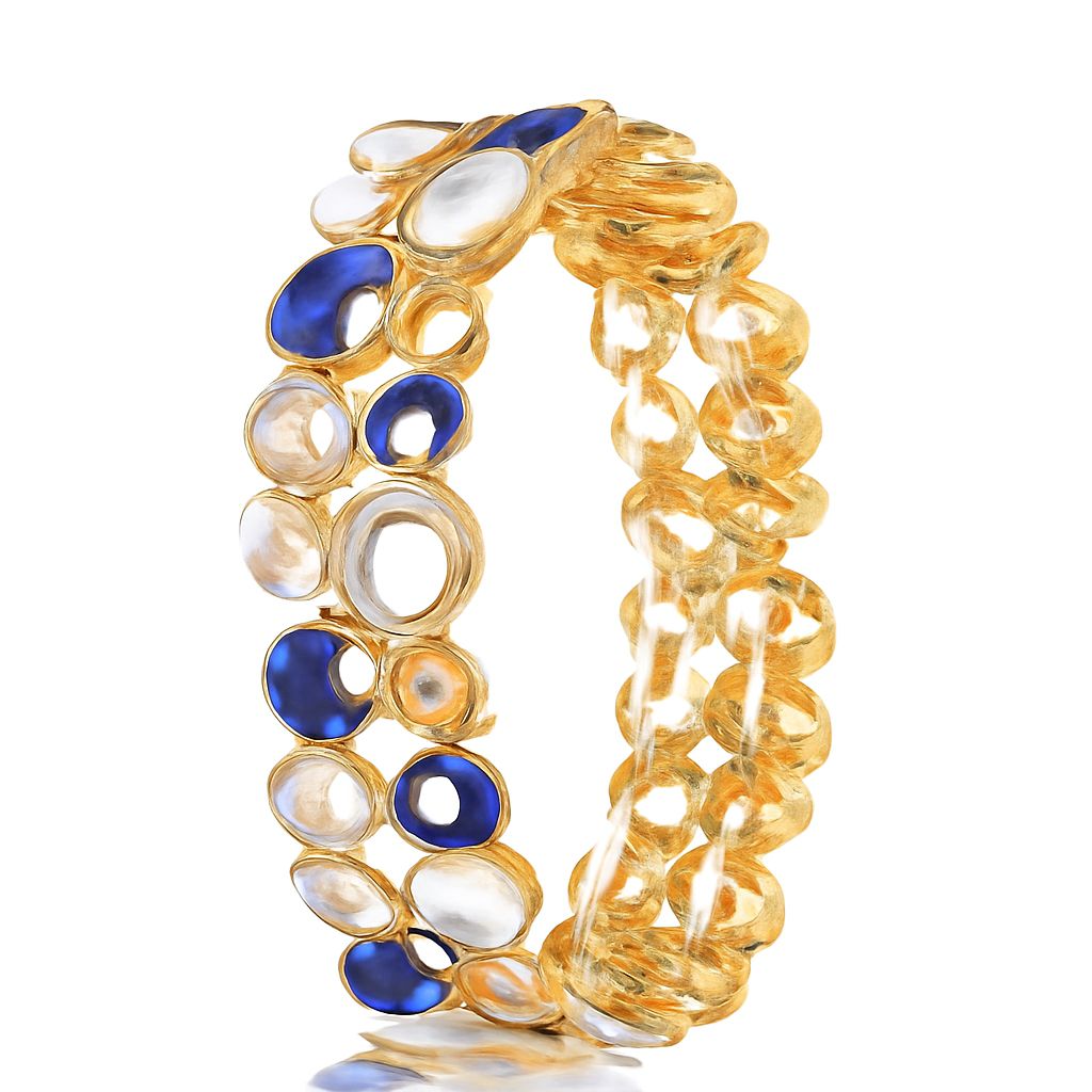 Hand-painted KC gold enamel bracelet in blue and pearl white, front view