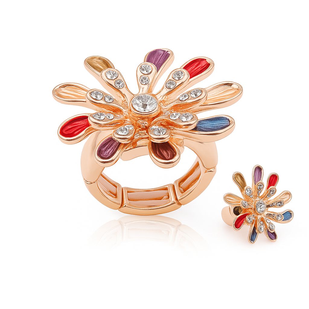 KC gold plated hand painted enamel floral ring worn on model hand