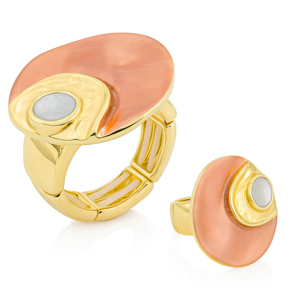 KC gold plated artistic ring with coral and pearl enamel accents