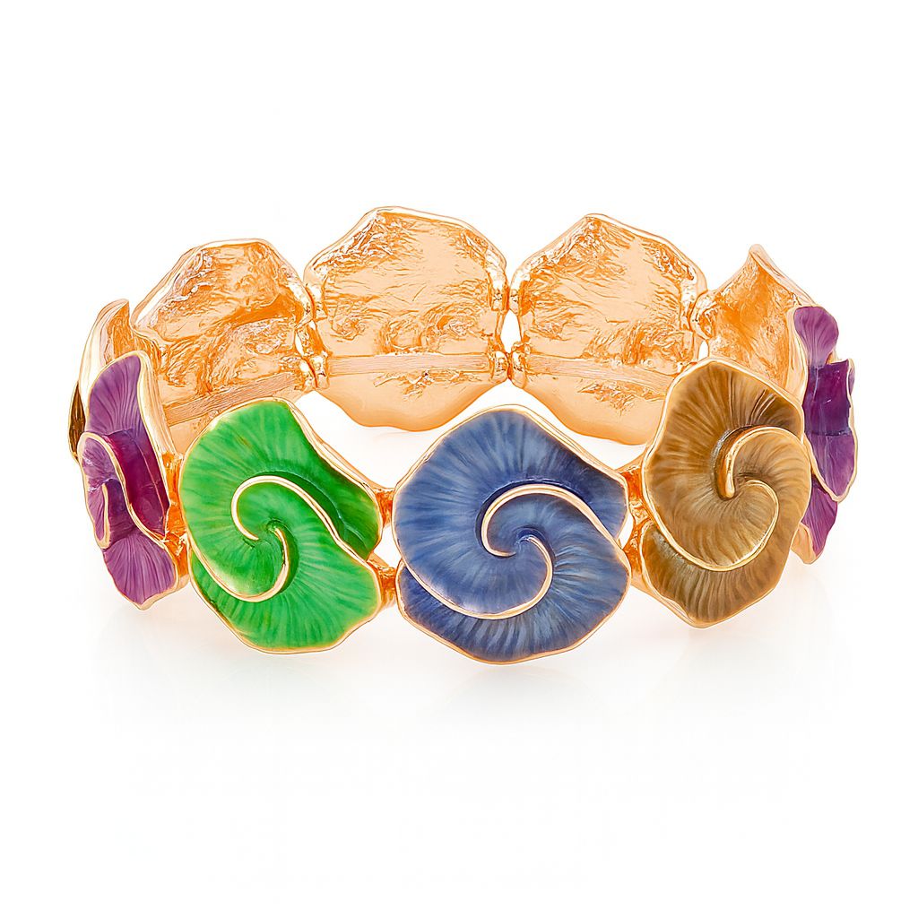 Model wearing enamel flower bangle in gold alloy