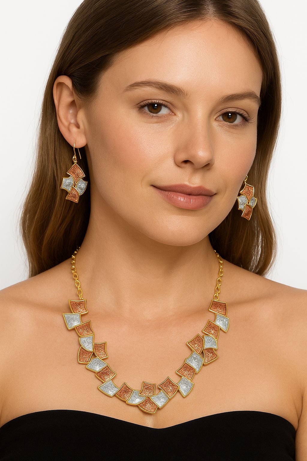 Hand-painted alloy jewelry set in gold, silver and copper tones