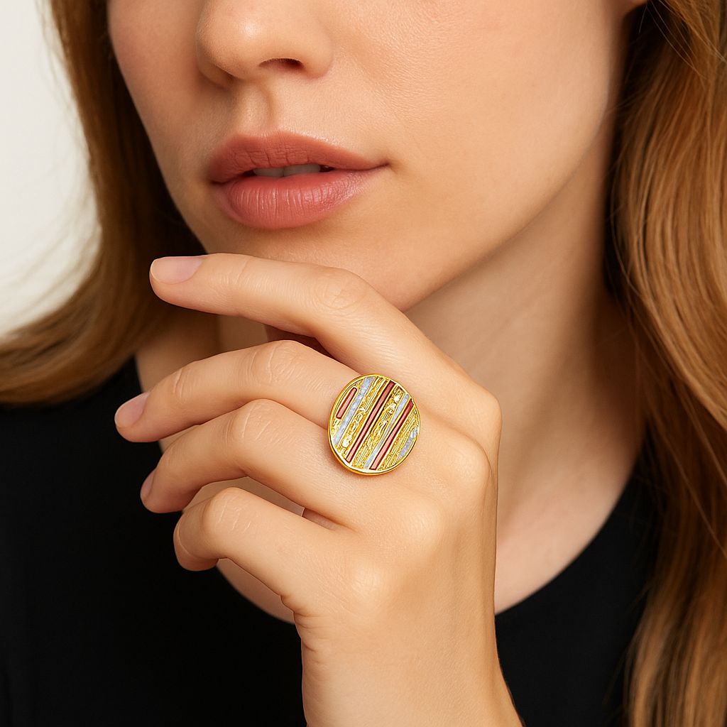 Close-up of colorful enamel textured gold ring for women