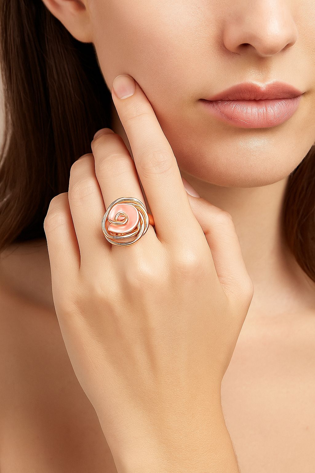 KC gold plated hand painted rose statement ring worn on finger