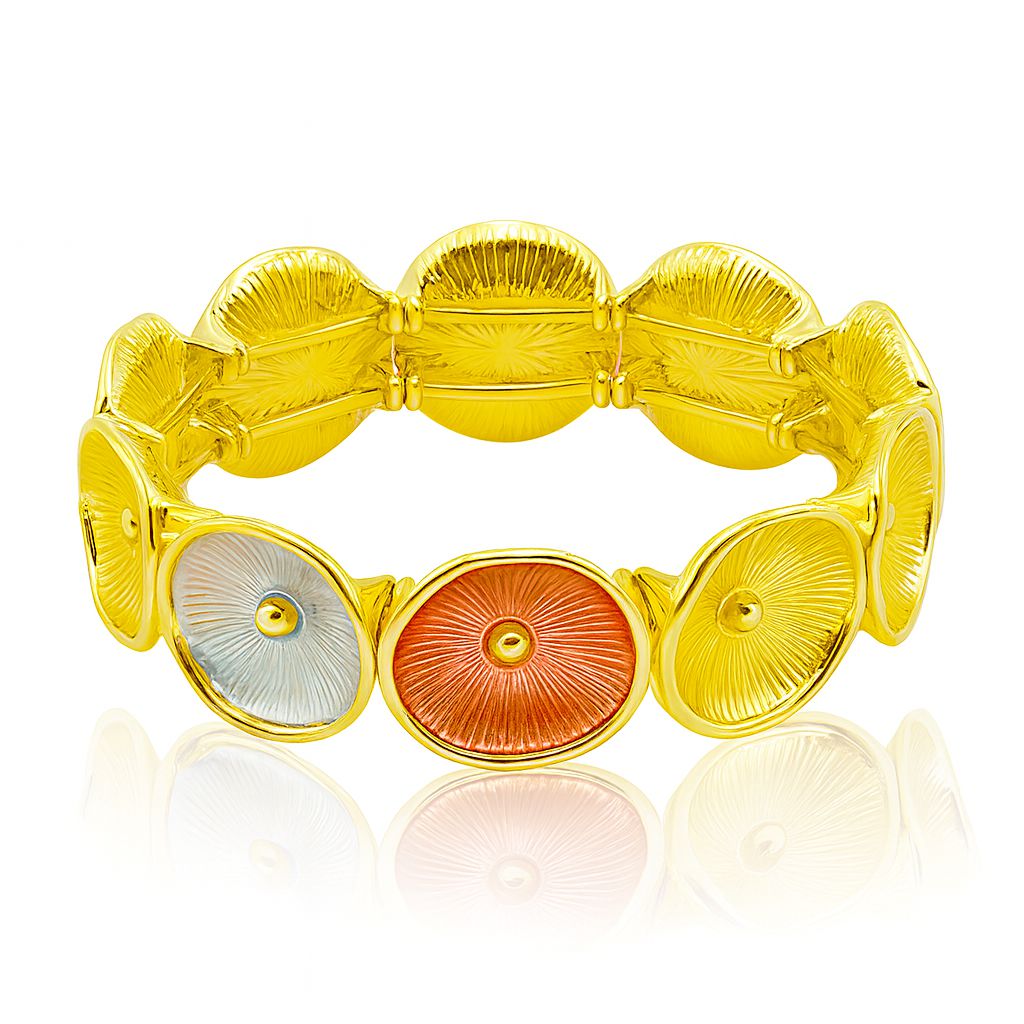 KC gold-plated sunburst bracelet with hand-painted coral and silver round charms, lightweight and elegant.